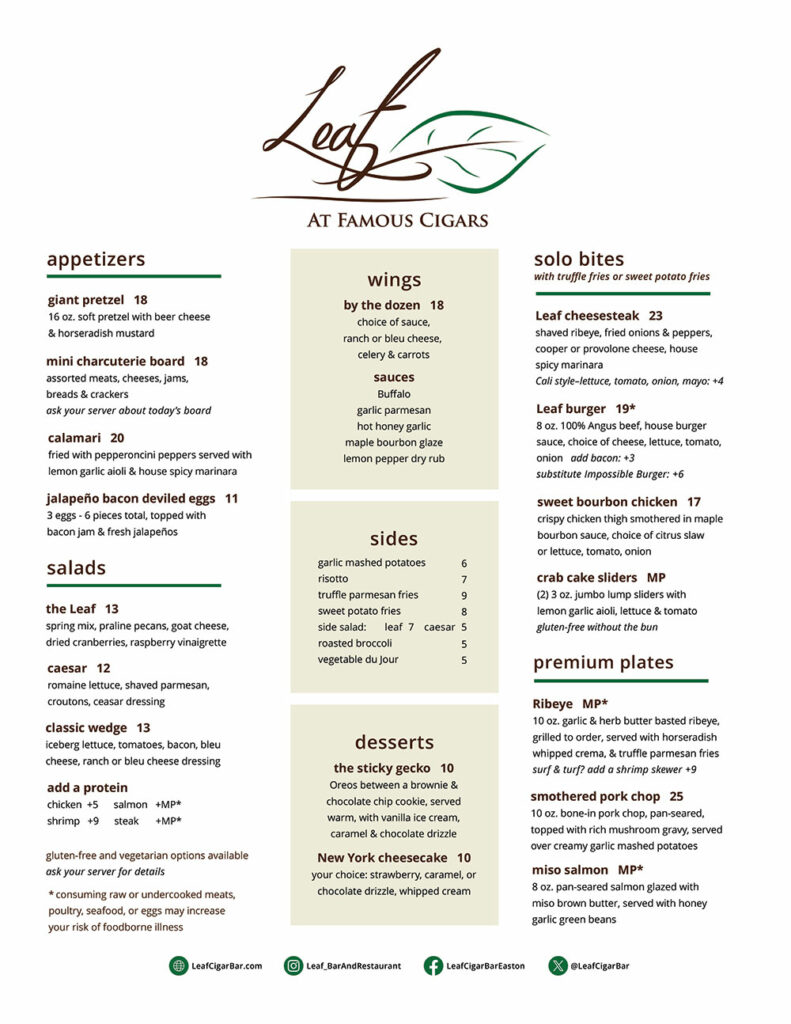 Leaf Cigar Bar & Lounge Menu