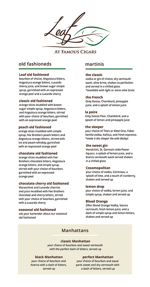 Leaf Cigar Bar & Lounge: Cocktail Menu - Page 1